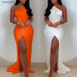 Basic Casual Dresses 2022 Summer New Elegant Solid One Shoulder High Split Thick Ruffled Long Skirt White Sexy Tight Chest Asymmetric Party Dress Q240322