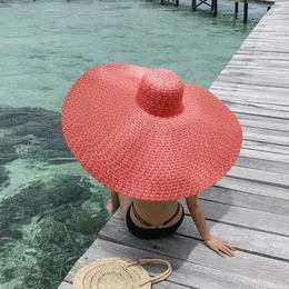 Verão 25cm aba larga chapéus de praia grandes moda para mulheres proteção uv chapéu de palha dobrável férias portátil panamá boné 240314