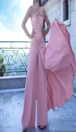 2021 섹시한 핑크 점프 슈트 아랍어 여자 원 슬리브 댄스 파티 드레스 아플리케 레이스 환상 쉬폰 팬츠 공식 드레스 이브닝웨어 3511282