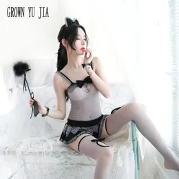 Sexy Women hollow out net skirt stockings suit cosplay temptationmaid french maid uniforms skirt japanese lingerie sex play 240309