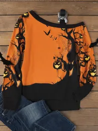 T-shirt da donna 2024 Autunno Inverno Halloween Pumpkin Face One Sided Camicetta con spalle scoperte Elegante moda donna Vintage Manica lunga