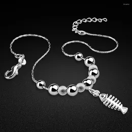 Fußkettchen Lustiger Schmuck Niedlicher Fischgräten-XD-Anhänger 925 Sterling Silber Perlen Kette Fußkettchen Frauen Strand Fußarmband Knöchelriemen Geschenk