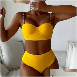 Bikinis seti 7 renk yüksek bel bikini yastıklı sert sargı ile zincir shoder kayışları kadınlar floresan yeşil/siyah/parlak turuncu damla oteav