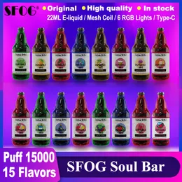 SFOG Innovative Puff 15000 Vapes Einwegpuff 15k VAPER E Zigaretten Kit Soul Bar 15000 Puff Einweg-Vape 22 ml E-Liquid Pod 15 Geschmack 2% 5% 6 RGB Lichter Dampfstift