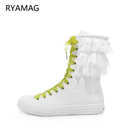 Boots Ryamag 2022 New Women's Canvas Boots Short Embroidery Ribbon Flats Classic Classic Laceup Zipper Sneakers Most Vulcanize
