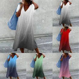 Casual Dresses Ladies Gradient Color Loose V Neck Short Sleeve Dress Beach Long Cap Sequin