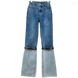 Women's Jeans Hipster Women Patchwork Denim Pants Runway Luxury Design Contrast Stitch Straight Trousers Wide Leg Belt Street Stylish