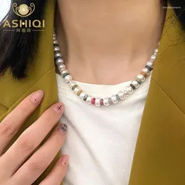 Correntes Ashiqi 925 Sterling Silver Natural Freshwater Pearl Colar Multi Color Stone Chain Moda Jóias para Mulheres Presente