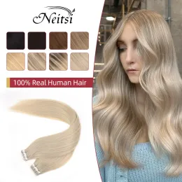 확장자 Neitsi Real Tape In Hair Extensions Natural Adhesive Human Hair Straight 12 "24"Blonde Ombre Machine Remy Seamless Skin Weft