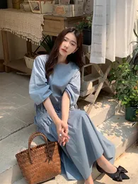パーティードレス女性夏の基本綿の長い折りたたみドレスヘイズブルーストレートマキシプルオーバーサンドレス韓国スタイル