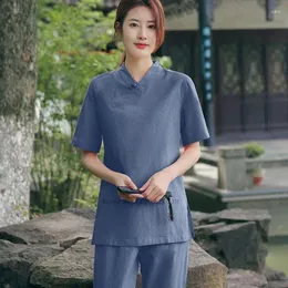 Etniska kläder 2024 Kvinnor Vintage Meditation Set Traditionell bomullslinne Tang Suit Oriental Buddhist Tai Chi Tops Pants Zen