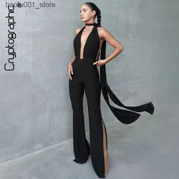 Basic Casual Dresses Cryptographic Deep V Wrap Around Halter Sexy Backless Flare Pants Jumpsuits Fashion Outfits for Women One-Piece Rompers Overalls Q240322