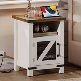 HOOBRO Nightstand Charging Station, Framhouse End Door Storage Space, Wooden Side with Outlets and USB Ports, Bedside Sofa Table for Bedroom, Antique White