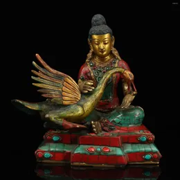 Estatuetas decorativas 9 "coleção de templo tibetano antigo contorno de bronze em mosaico de ouro gema Brahma cisne deus da criação adoração Buda casa da cidade