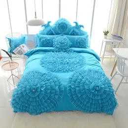 Luxury Princess Bedding Sets Korean Style Blue Lace Flowers Duvet Cover Bed Skirt Bedspreads Cotton Solid Color Home Textile 240318