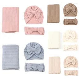 Filtar Autumn Winter Baby Filt Born Sticked Swaddle Wrap With Bow Hat Turban Pannband Set Mottagande för duschgåva