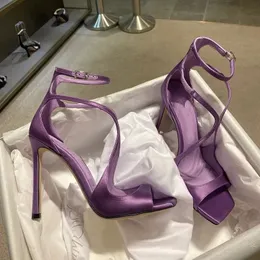 Salto alto de cetim roxo para mulheres primavera verão sandálias finas douradas dedo aberto sapatos sexy 240320