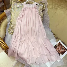Basic & Casual Dresses designer brand Miu New Pink Hanging Neck Dress with Ostrich Hair Spliced Diamonds, Sweet Fairy Sleeveless Big Swing Skirt 5JX6