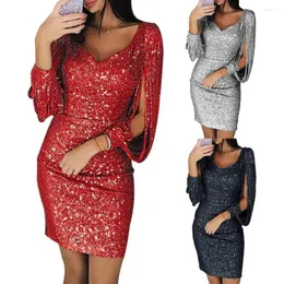 Vestidos casuais mulheres vestido de festa glitter v pescoço oco out borla manga longa bodycon roupas femininas