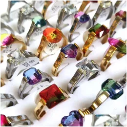 Anello solitario 30 Pz / lotto Pietra di colori assortiti Donna Oro Sier Acciaio inossidabile Anelli di fascino di cristallo trasparente Accessori per ragazze Wh Dhgarden Dhgl0