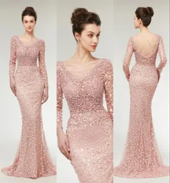 2019 Nowe prawdziwe obrazy różowe sukienki wieczorowe noś Sheer szyi długie rękawy z koraliki perły bez pleców długie eleganckie formalne sukienki na imprezę Prom 8032704
