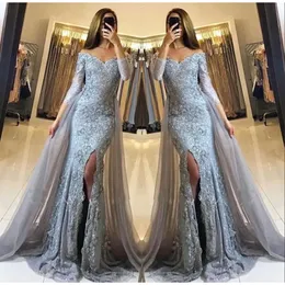 Off Split Front the Shoulder Mermaid Prom Evening Party Dresses with Overskirt Lace Appliques Neueste Sweetheart Long Sleeves Pageant Gowns Sweeart