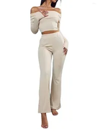 Women's Two Piece Pants Women S 2 Outfits Off Shoulder Long Sleeve Cropped Shirt Elastic Waist Bootcut Set Streetwear
