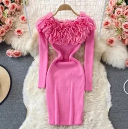 Casual Dresses Party für Frauen Elegantes Kleid Frühlingsblume One Line Neck Langarm Bottom Sweater Wrap Hip Damen Schulterfrei