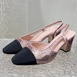 جديدة للسيدات الساخنة للبيع الساخن Slingback High Heel Sandals Designer Round Round Toe Colors New Sequin Cloth Summer Female Leature Leather Condals Condals