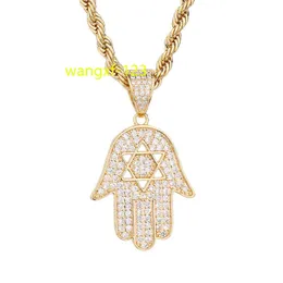 Lovely Hip Hop 14k Gold Plated hexagram Amulet Hand Of Fatima Moissanite Copper Pendants and Necklaces