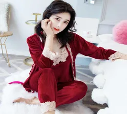 Edycja koreańska piżama żeńska zima długie rękawy Suit Suit Trzyczęściowy zestaw V Kllar Sexy Kimono El Robe wyposażenie domu Clot3866208