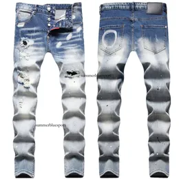 Trendig lutning med hål och röriga linjer, patch patch, stänk av färgbläck, handmålat hantverk, smala monterande elastiska jeans för män