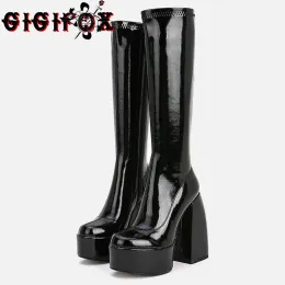 Stiefel Gigifox Gothic Style Black Red Plus Size 48 Chunky Heels High Heeled Platform Reißverschluss Elastizität Stiefel Party Lady Schuhe Frau Frau