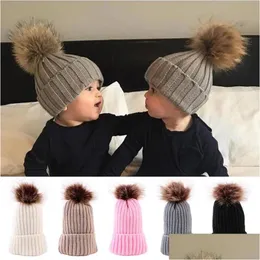 Caps Hats Autumn Winter Baby Hat Cloghet Warm Girl Boy Beanie Cap Big Pompom Solid Color Children Toddler Bonnet Accessories Drop Deli Otlmt