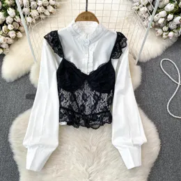 Women's Blouses Two Pieces Of Shirts For Women Stand Collar Stringy Selvedge Long Sleeve Blouse Spaghetti Strap Lace Tank Top Dropship