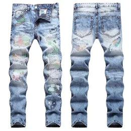 2023 outono nova rua jeans com caos bordado colorido e buracos quebrados, calças masculinas personalizadas de cintura média de pés pequenos na moda