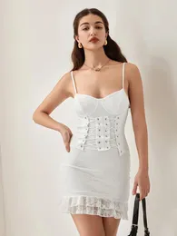 Повседневные платья Wsevypo, летнее белое кружевное мини-платье с цветочным принтом, женские сексуальные бретельки с рюшами по краю, оболочка для вечеринки, клубный корсет, Vestidos