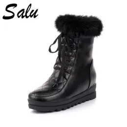 Stivali Salu 2020 Nuove donne stivali stivali da neve caldi inverno signore in stile dolce vitello botas donna donna rotonda di pizzo piatto scarpe