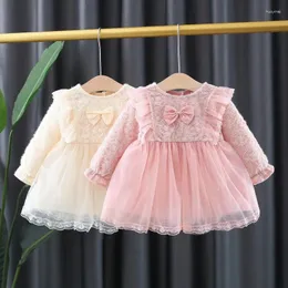 Платья для девочек, детская одежда, весенне-осеннее платье принцессы с кружевной сетчатой юбкой и длинными рукавами для младенцев, 13-24 м