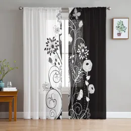 Vorhänge, schwarz-weißes Blumenmuster, Tüllvorhänge für Wohnzimmer, Schlafzimmer, Dekoration, transparenter Chiffon, durchsichtiger Voile-Fenstervorhang