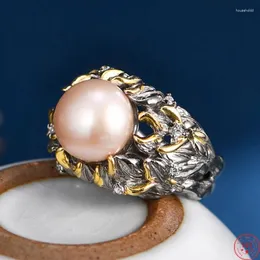 Cluster Rings S925 Sterling Silver Charms för kvinnor Fashion Contrast Colored Hollow Leaves Round Pearl Punk Smycken