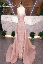 Verklig bild Long Evening Party Dress 2019 Handgjorda blommapplikationer Löstagbar kjol Elegant kvinna Formell klänning Vneck Prom Dresses5473620