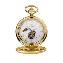 OUYAWEI Mechanical Pocket Watch Mężczyźni Najwyższa jakość Vintage wycięcie perspektywy dolna okładka ręczna kręta bransoletka zegarka kieszonkowa