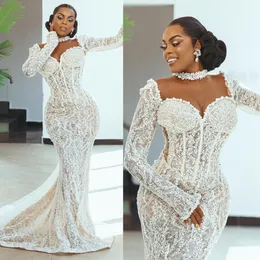 2024 African Mermaid Dress Bride Bridal Illusion High Neck Long Sleeves Beaded Lace Pearls Wedding Gowns For Nigeria Black Women Girls D184 407