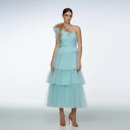 Casual Dresses Elegant Ice Blue Latered Tulle Women Floral One Shoulder Tutu Ankle Length Wedding Guest Maxi Dress Party