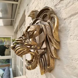 Raro encontrar grande cabeça de leão montado na parede arte escultura resina ouro cabeça de leão arte parede decoração luxo cozinha quarto dropshippin 240305