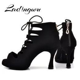 Boots Ladingwu New Women's Latin Dance Shoes Ballroom Tango Platform Ladies ladys Comfortable Flannel Dancing Shoes Black 9cm Cuba