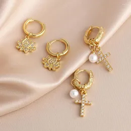 Dangle Earrings Flola Gold Gold Plated Flower Drop for Women Cross Pearl Hooghie CZ CZ Pave Zirconia Jewelry ERSW20