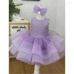 Kız Elbiseler Zarif Puf Çiçek Kızlar Elbise Prenses Düğün Ellikleri Sequined Organza Mürettebat Boyun Çocuk Doğum Günü