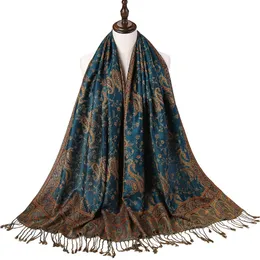 Шелковый шарф пашмины, шаль, накидка, жаккардовые цветы с узором пейсли, кайма Rave, 2 слоя, двусторонние классические кисточки для женщин, 70X180 см, 200 г 240323